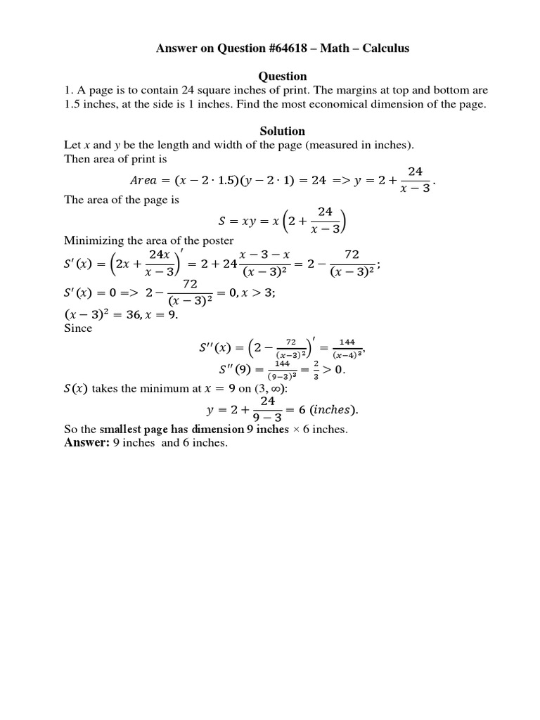 Calculus Optimization Problems Solutions | PDF | Area | Length