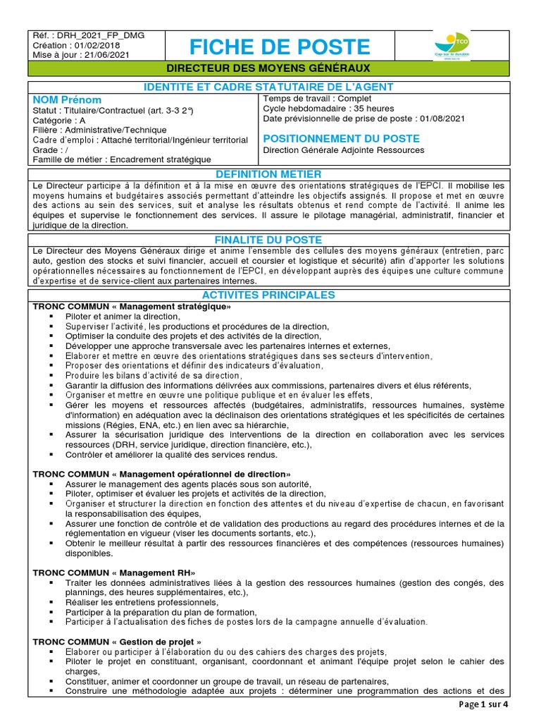 Fiche de Poste : Directeur des Moyens Généraux | PDF | Gestion des ...