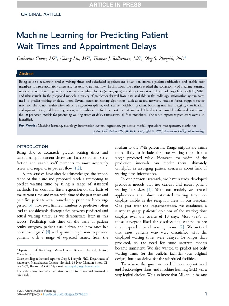 Machine Learning For Predicting Patient Wait Time | PDF | Machine ...