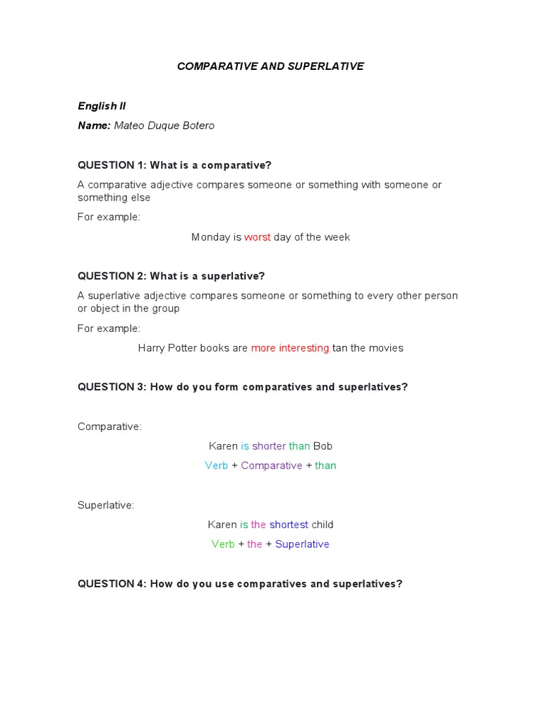 Comparative and Superlative: QUESTION 1: What Is A Comparative? | PDF ...