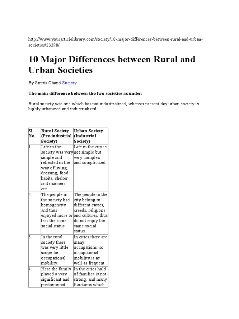 12 10 Major Differences Between Rural and Urban Societies | PDF | Society