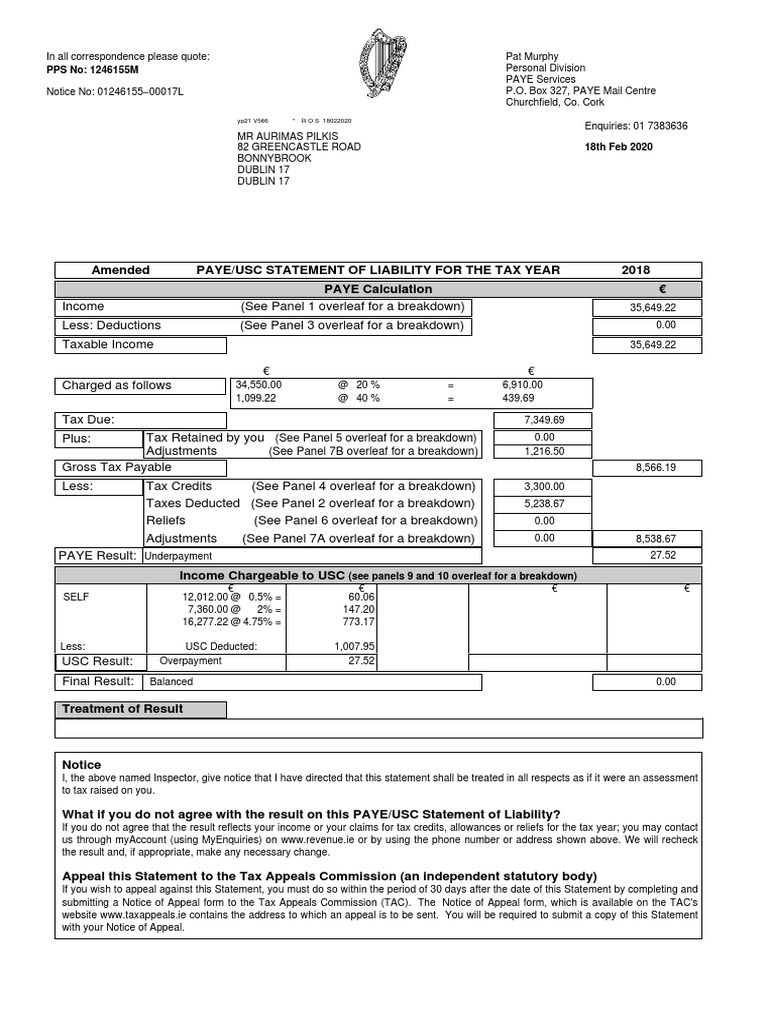 PAYE/USC Tax Statement 2020 Summary | PDF | Public Finance | Payments