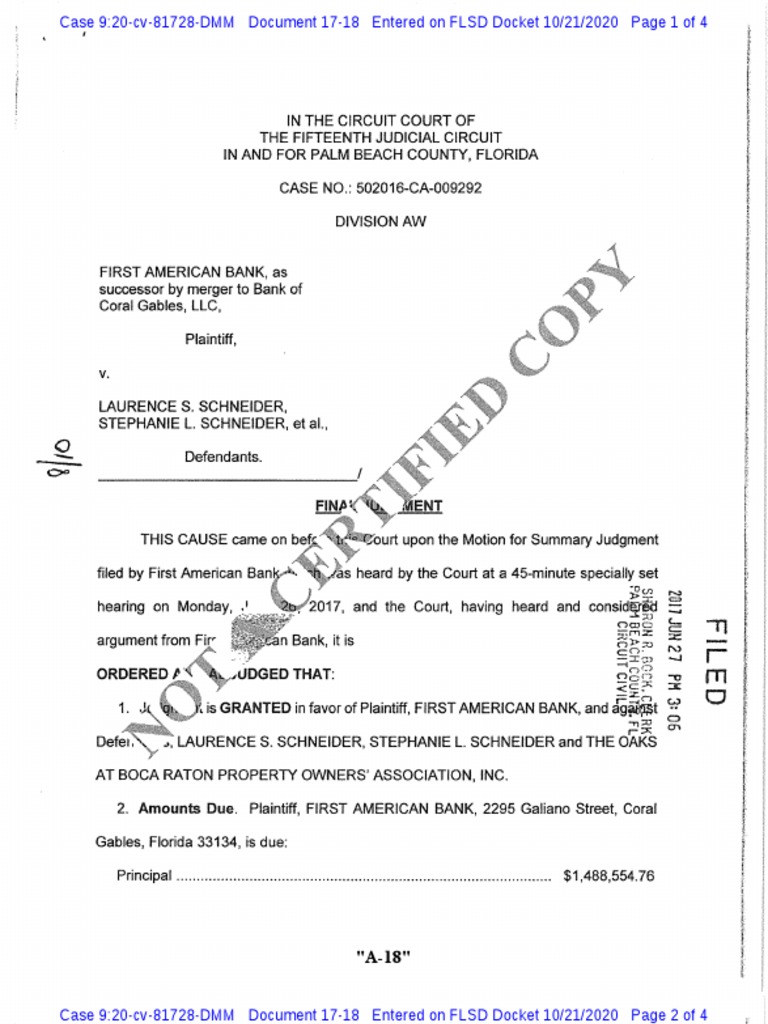 D.E. 1718 Order Final Judgment Dated 6.27.17 Rec's Public Records