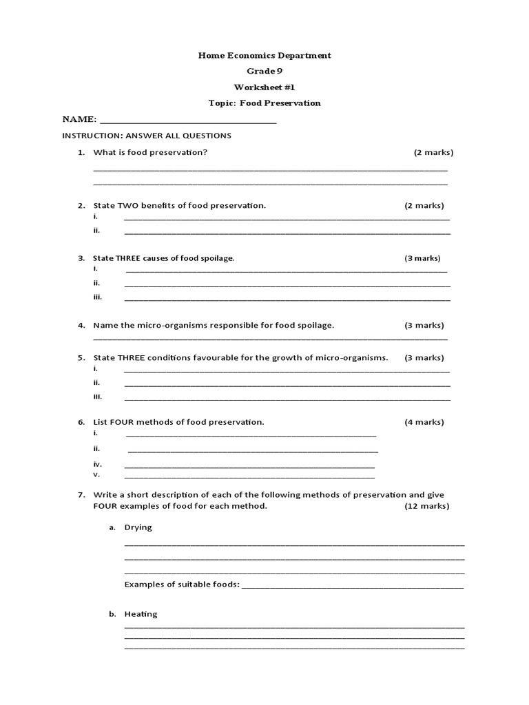 Gr. 9 Food Preservation Worksheet1 PDF Food Preservation Foods