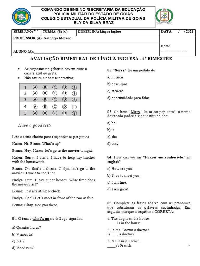 Prova Ingles 7 Ano 4 Bimestre | PDF