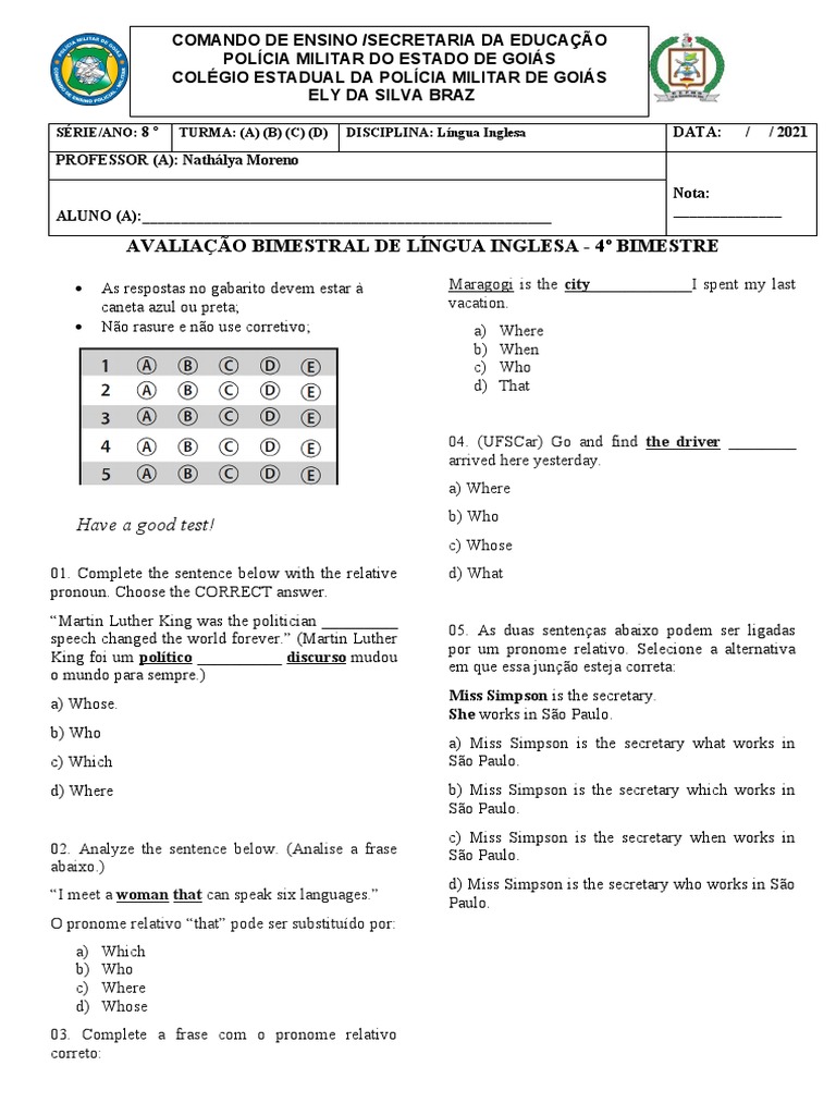 Avaliação de Inglês - 8º Ano 4º Bimestre | PDF