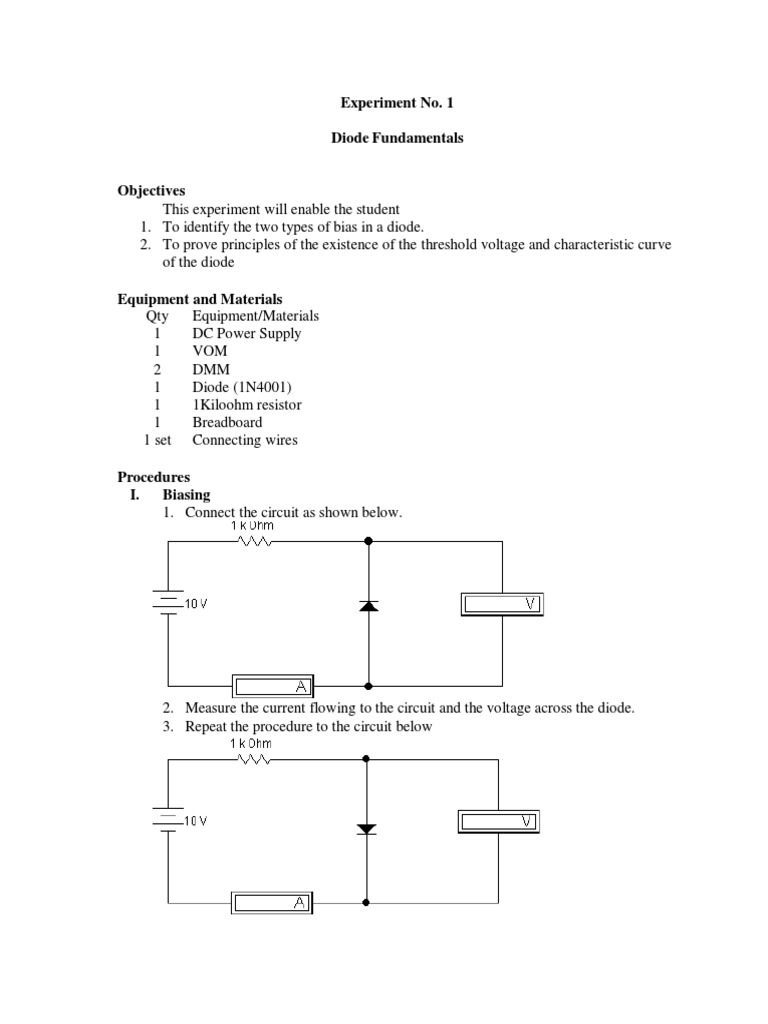Experiment No. 1 Diode Fundamentals PDF Diode Voltage