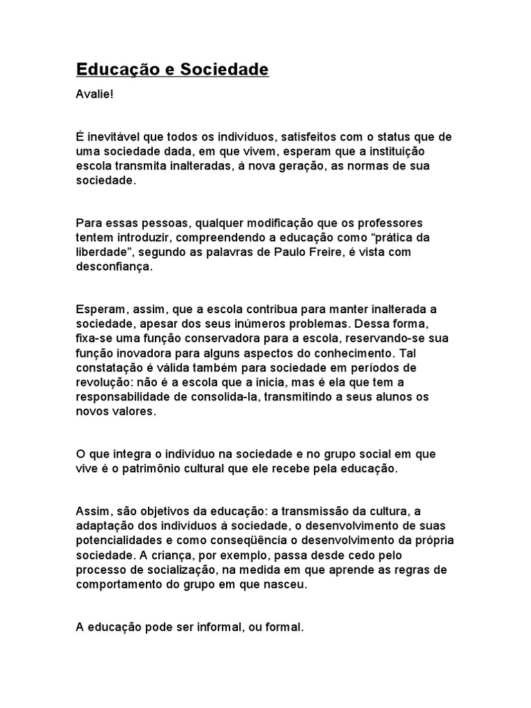 Educação e sua Relação com a Sociedade | PDF | Sociologia | Sociedade
