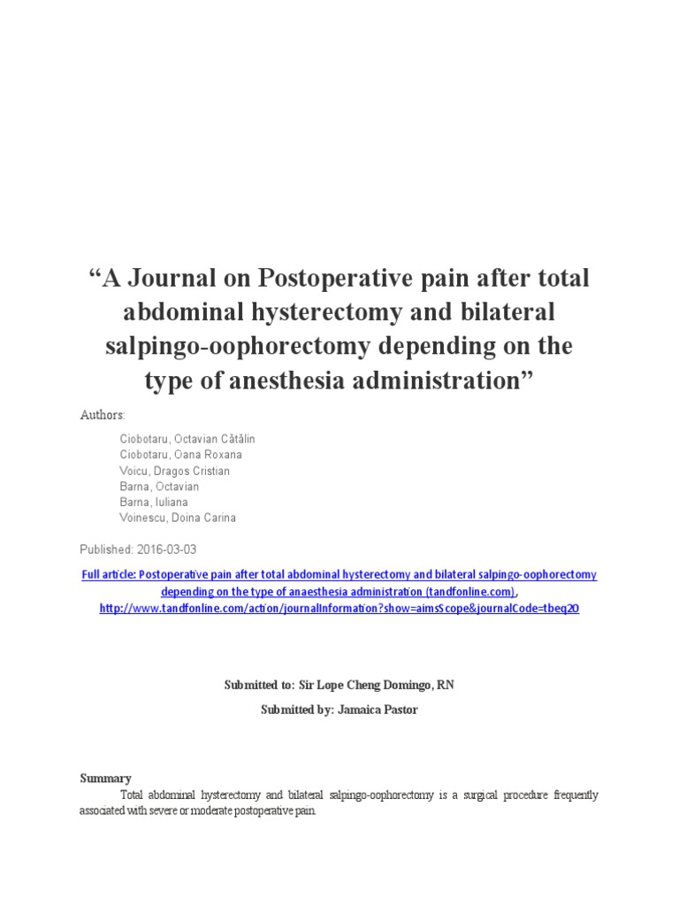 A Journal On Postoperative Pain After Total Abdominal Hysterectomy and