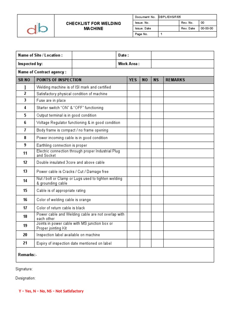 Checklist For Welding Machine PDF
