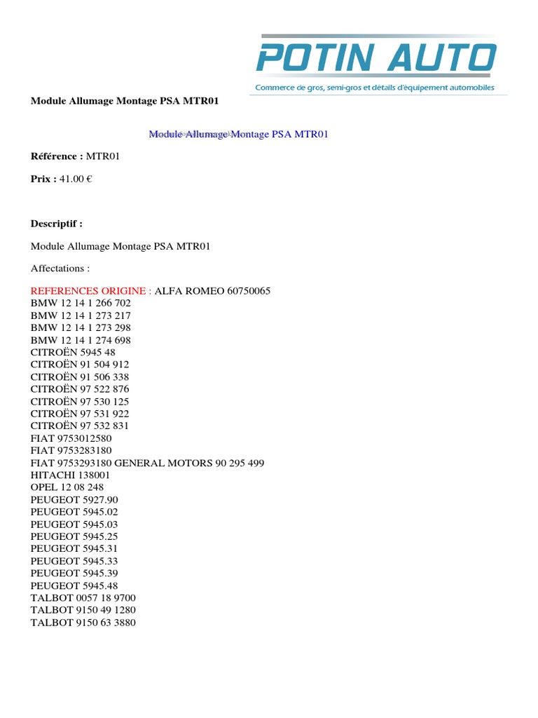Module Allumage PSA MTR01 | PDF