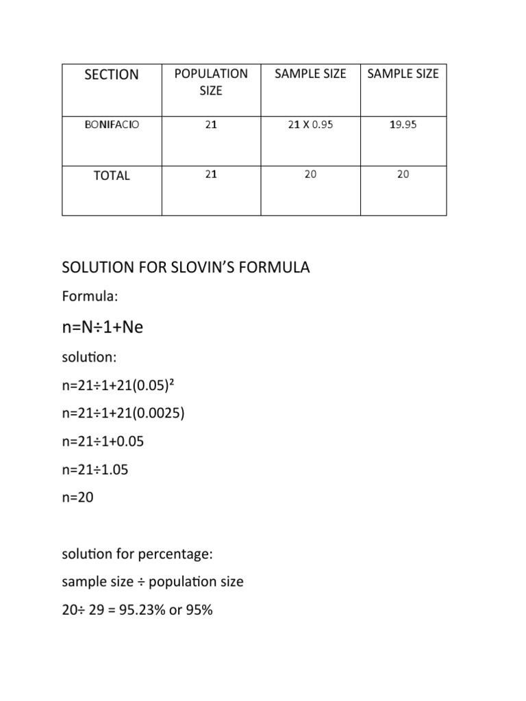 N N÷1+Ne: Solution For Slovin'S Formula | PDF