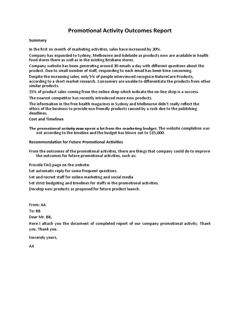 Promotional Activity Outcomes Report: The Promotional Activity Was ...
