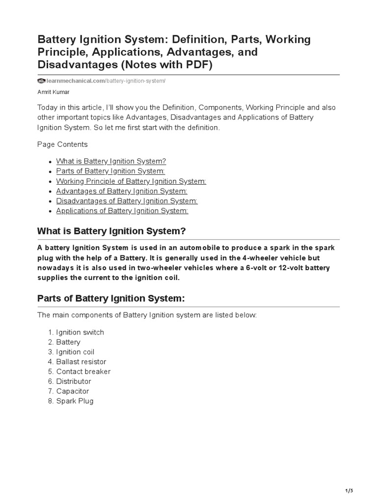 Battery Ignition System Definition Parts Working Principle Applications