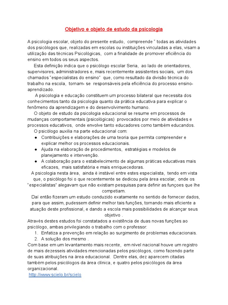 Objetivo e Objeto de Estudo Da Psicologia | PDF | Psicologia ...