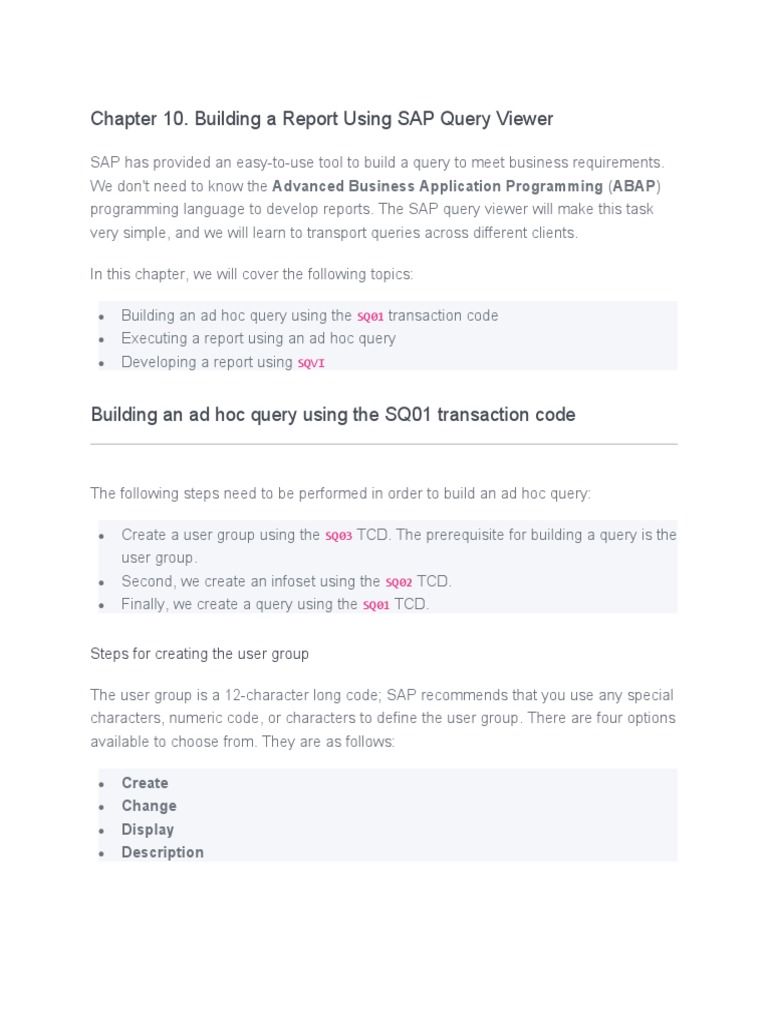 Chapter 10. Building A Report Using SAP Query Viewer: Steps For Creating  The User Group | PDF | Screenshot | Databases