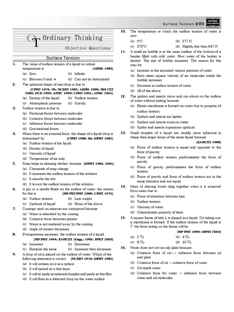 Surface Tension Questions PDF Surface Tension Drop (Liquid)