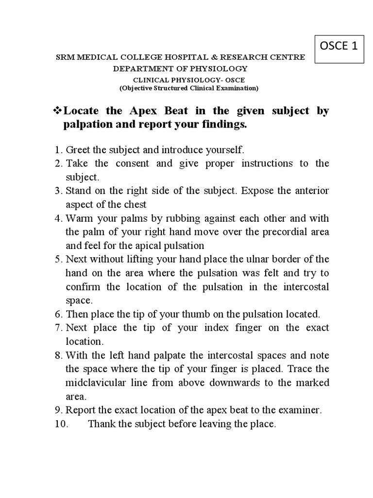 Locate The Apex Beat in The Given Subject by Palpation and Report Your