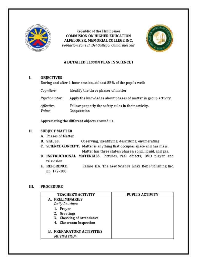 Grade 1 Lesson Plan: Phases of Matter | PDF | Gases | Matter