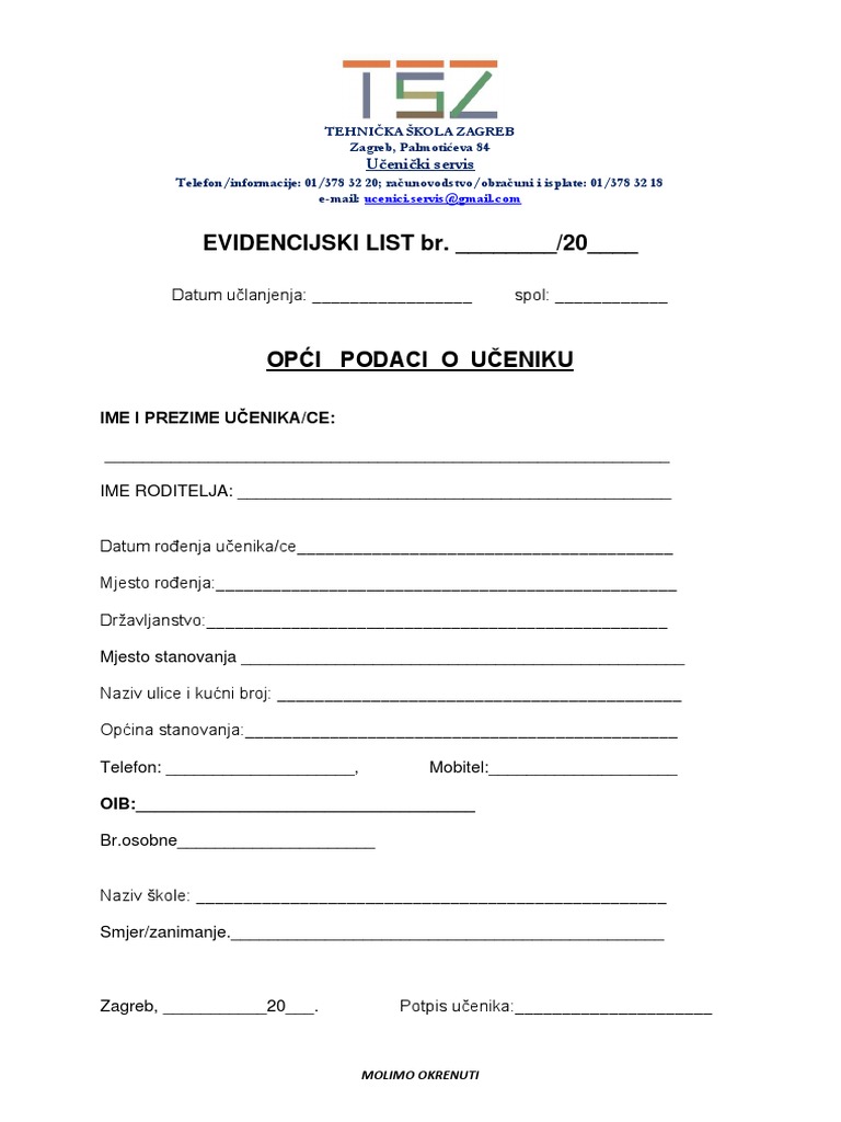 Obrazac Opci Podaci O Uceniku 2018 G Pdf