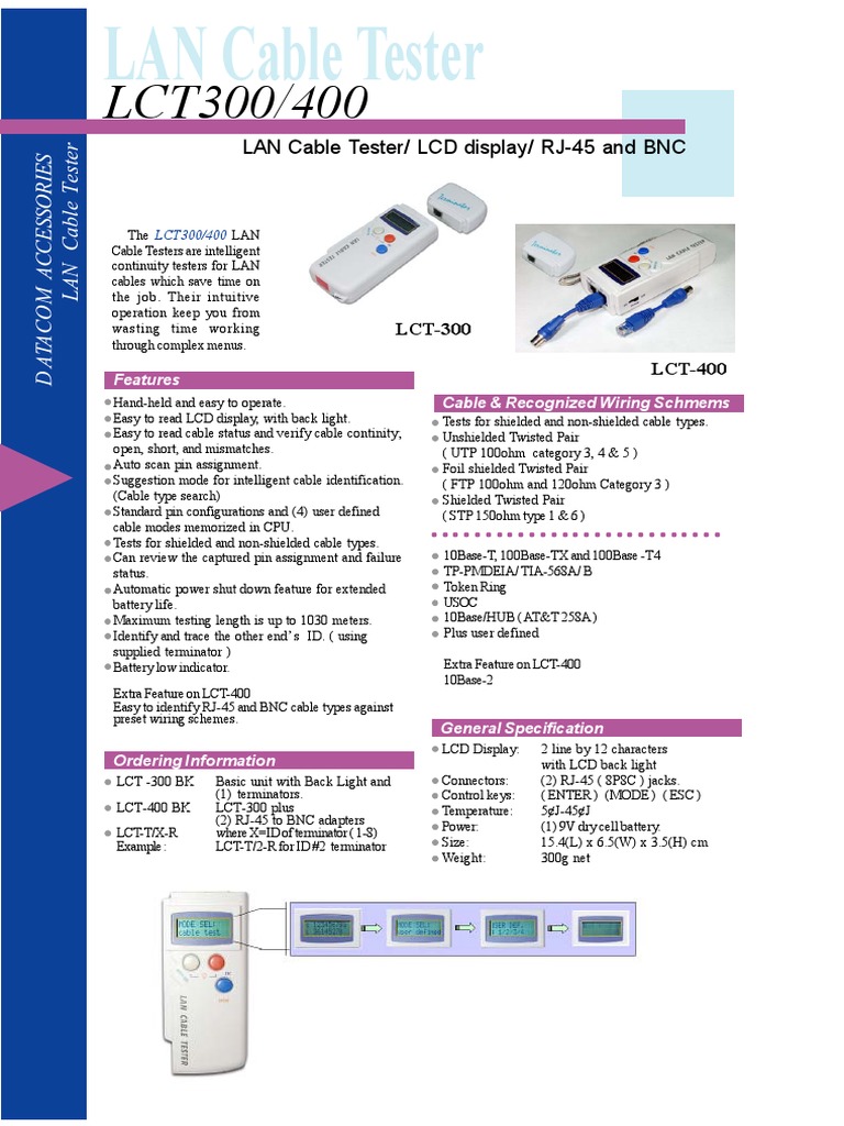 LAN Cable Tester/ LCD Display/ RJ45 and BNC LCT400 LCT300 PDF