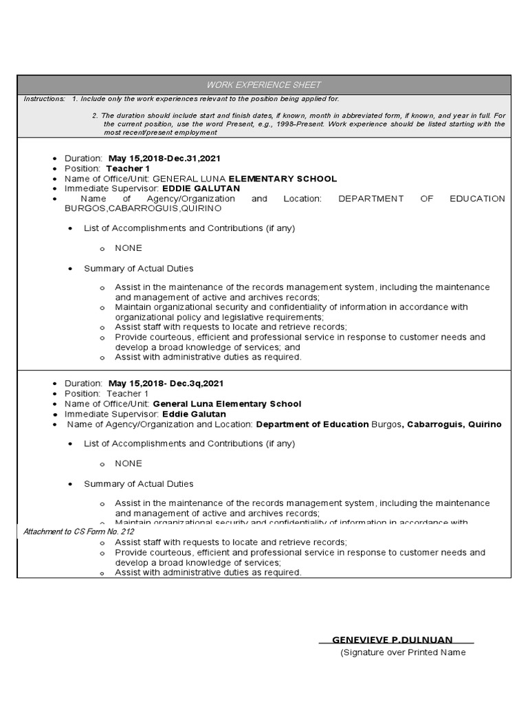 Work Experience Sheet for Teacher 1 | PDF | Records Management | Business