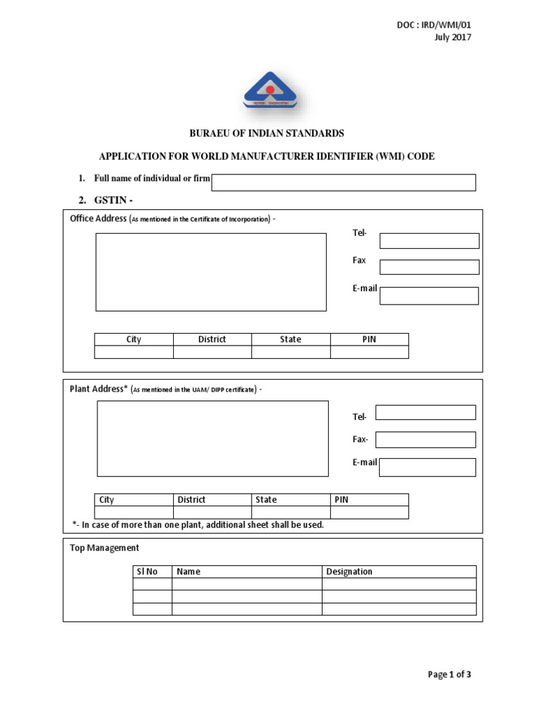 Gstin - : Buraeu of Indian Standards Application For World Manufacturer ...
