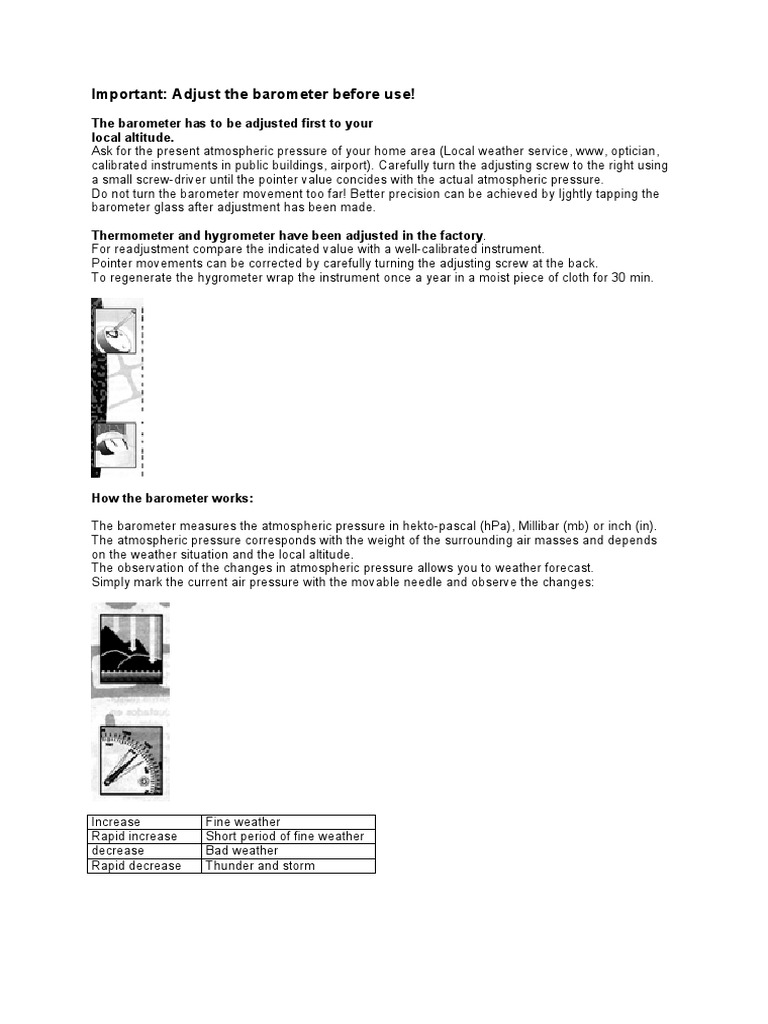 Important Adjust The Barometer Before Use! The Barometer Has To Be