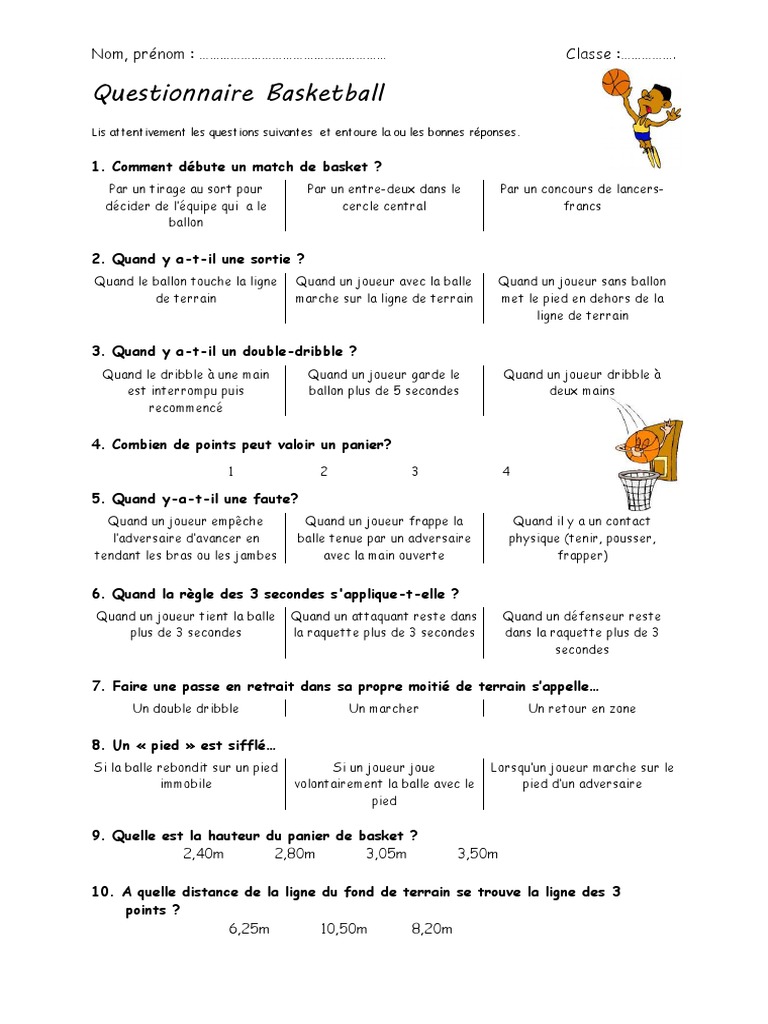Questionnaire de Basketball PDF Loisirs Sports athlétiques