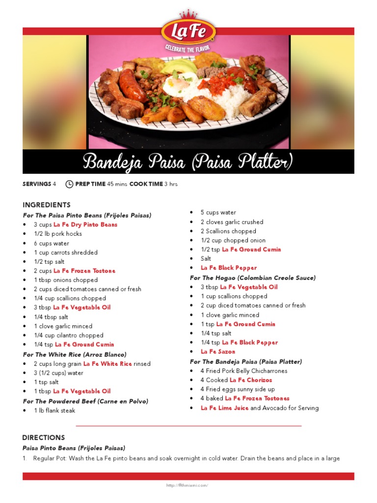 Bandeja Paisa Recipe and Ingredients | PDF | Foods | Regional & Ethnic Food