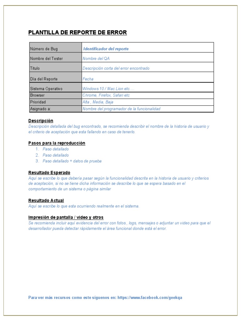 Plantilla de Reporte de Errores | PDF