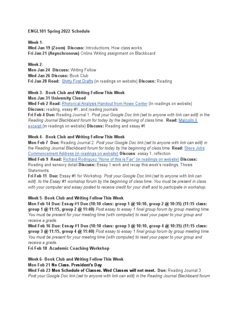 ENGL101 Spring 2022 Course Schedule | PDF | Essays | Communication