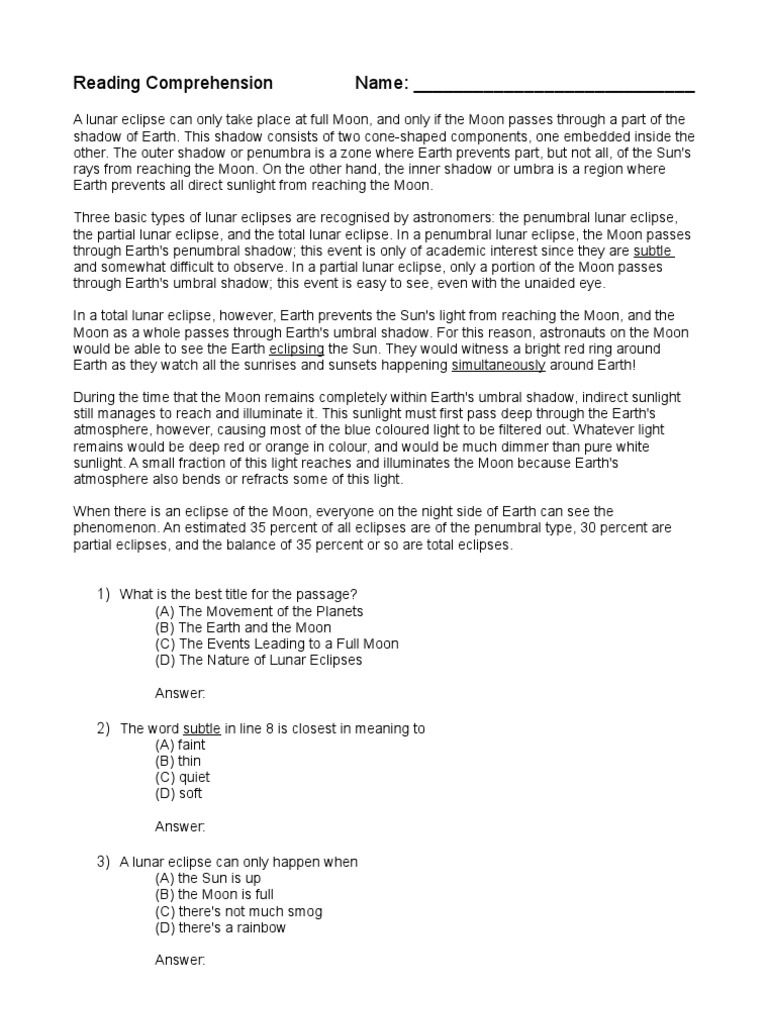 Lunar Eclipse Comprehension | PDF | Eclipse | Shadow