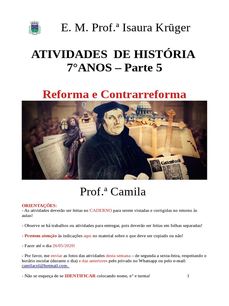 Atividades sobre Reforma e Contrarreforma 7º Ano | PDF | Igreja ...