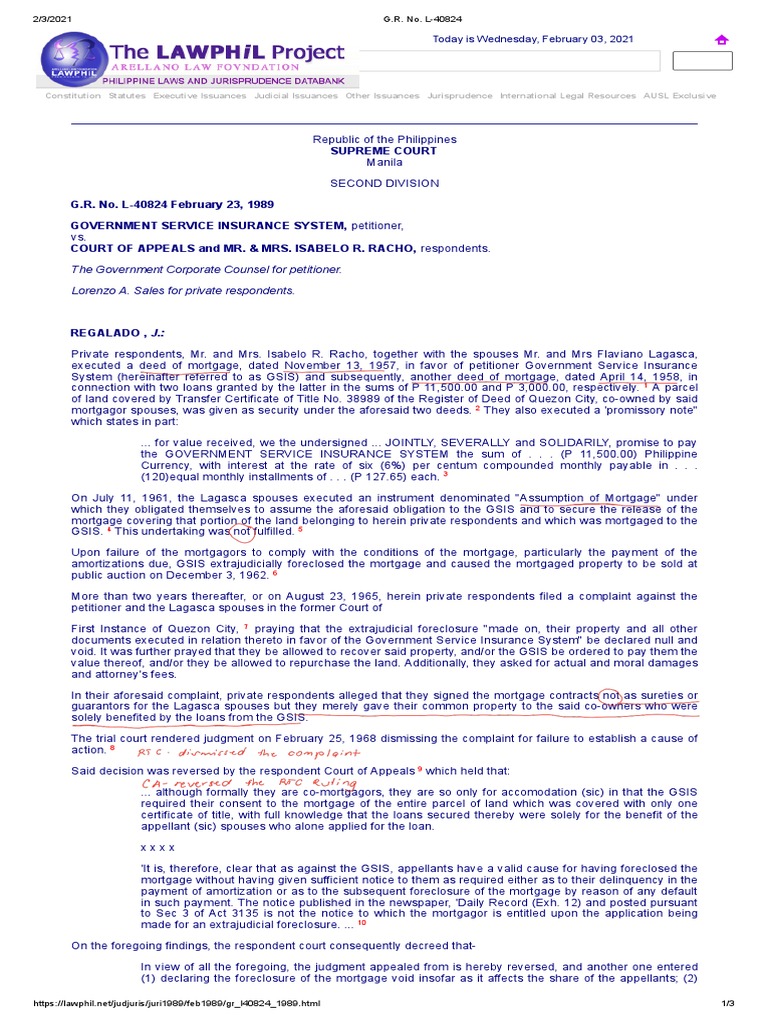 GSIS vs. Racho: Mortgage Foreclosure Case | PDF | Mortgage Law ...