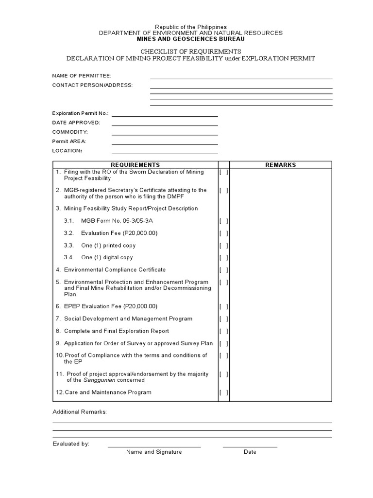 DMPF Checklist for Exploration Permit | PDF | Science & Mathematics ...