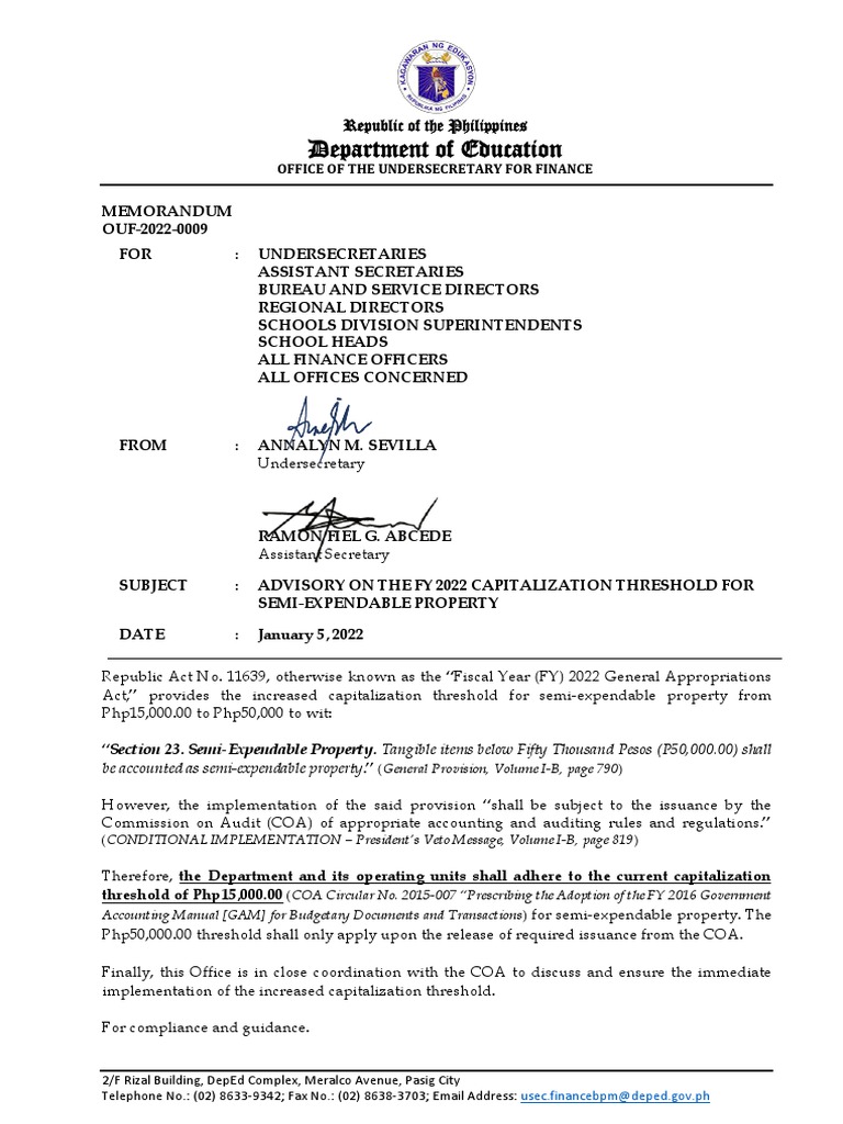 OUF20220009 Advisory On The Capitalization Threshold For Semi