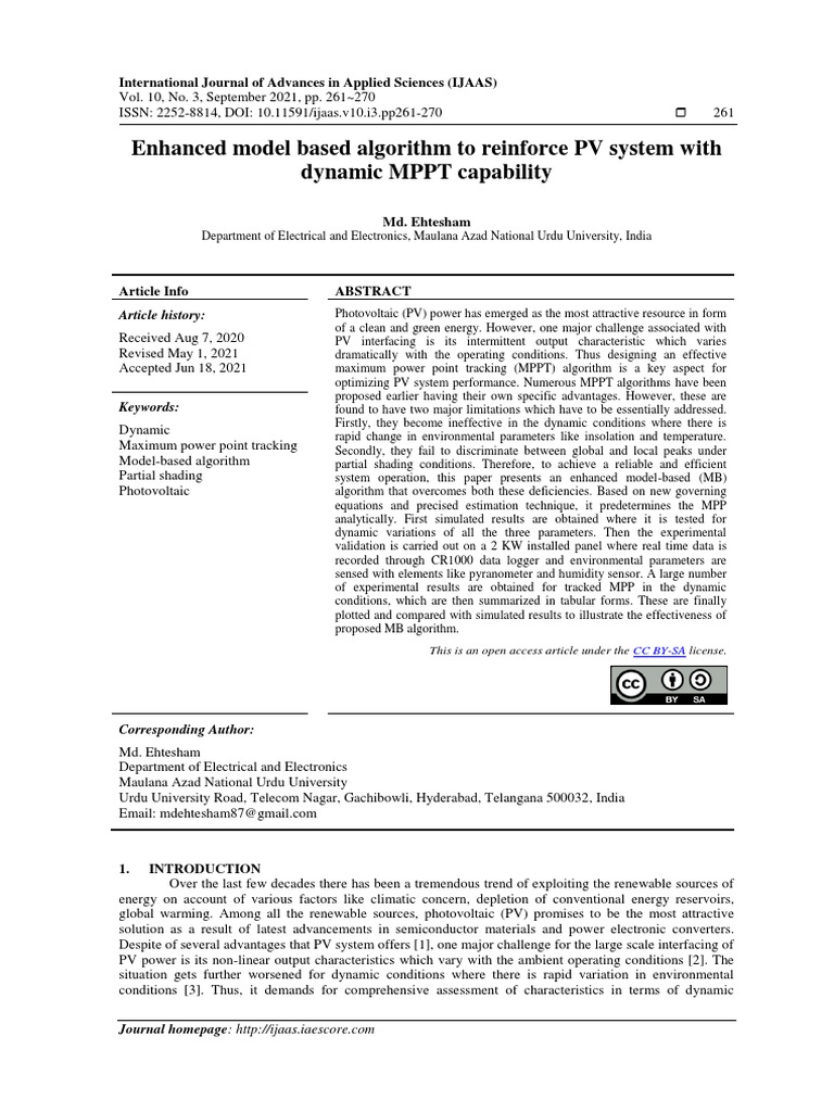 Enhanced Model Based Algorithm To Reinforce PV System With Dynamic MPPT ...