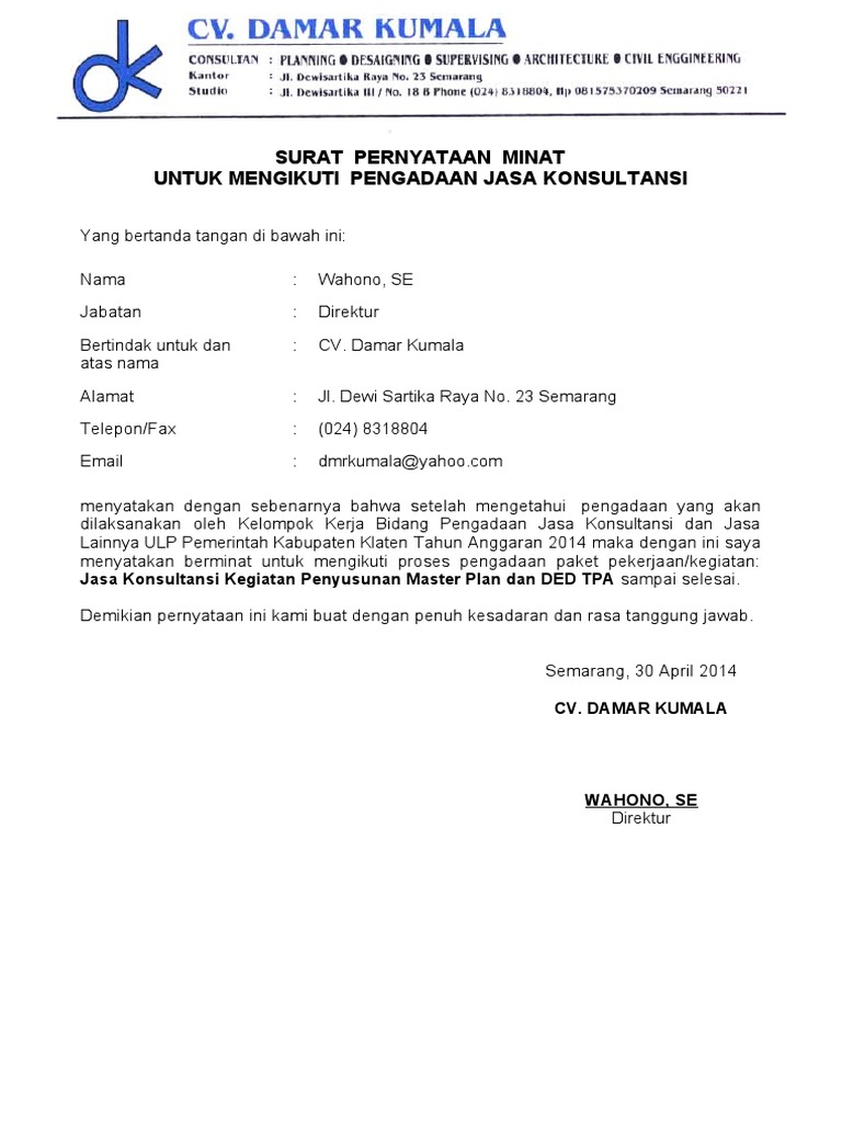 Surat Pernyataan Minat CV Damar Kumala untuk Mengikuti Pengadaan Jasa Konsultansi Penyusunan