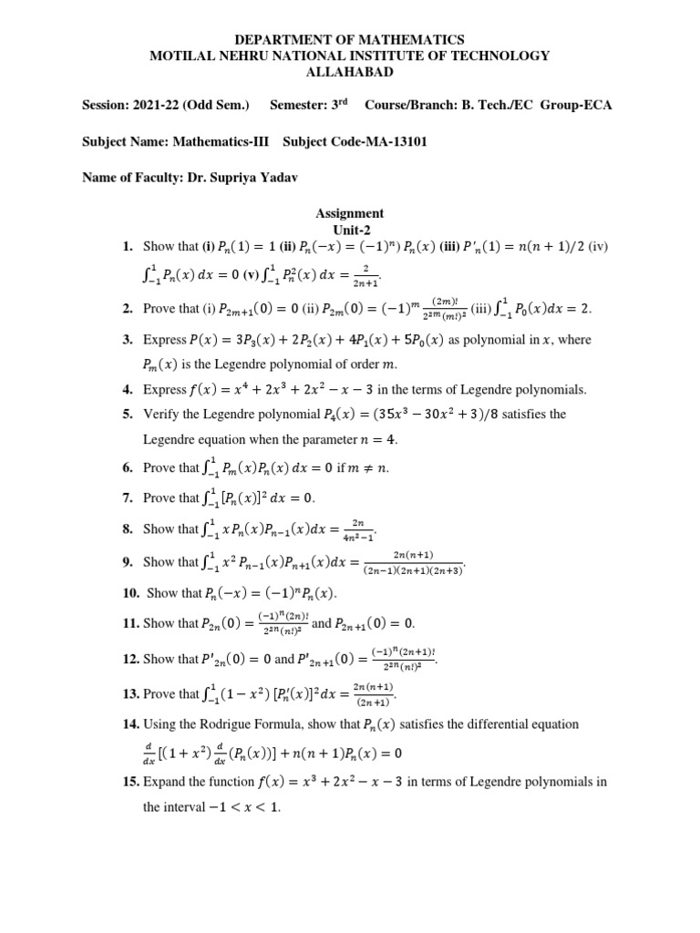 Mathematics III Assignment - Legendre Polynomials | PDF | Equations ...