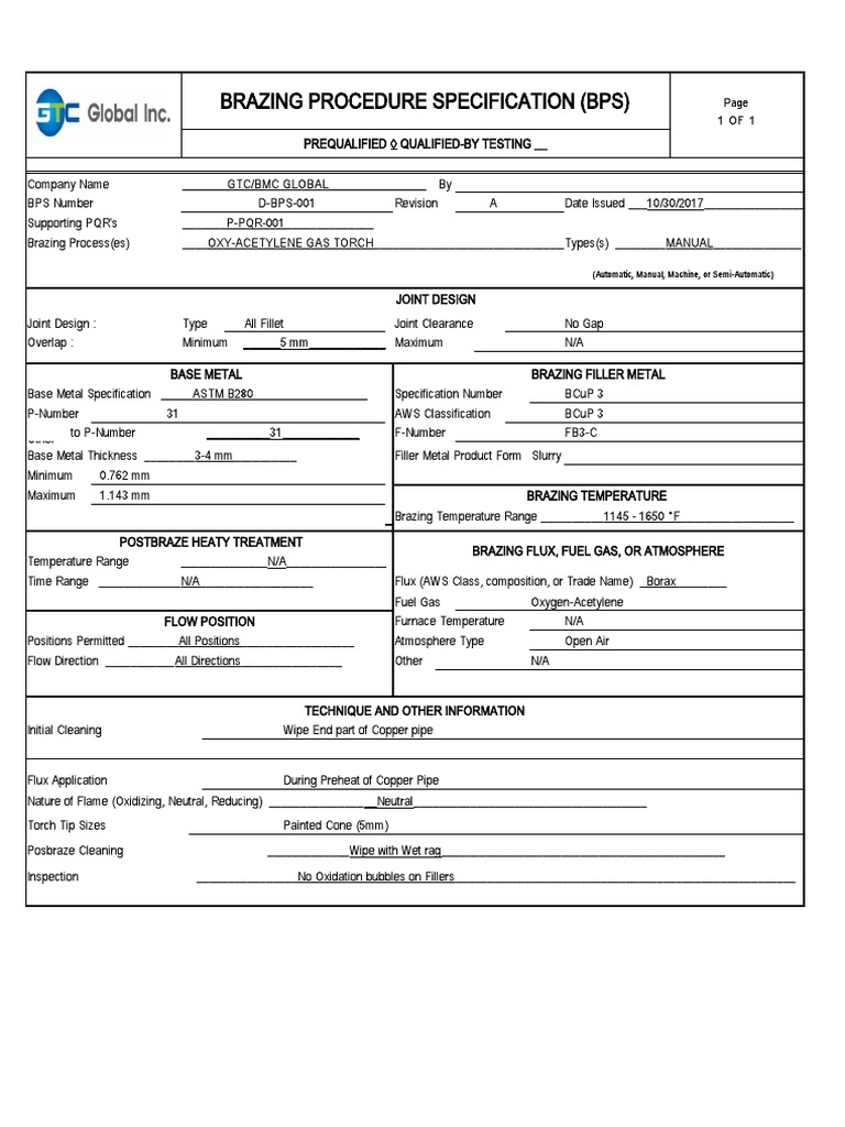 Brazing Procedure Specification (BPS) PDF Pipe (Fluid Conveyance) Procedural Knowledge