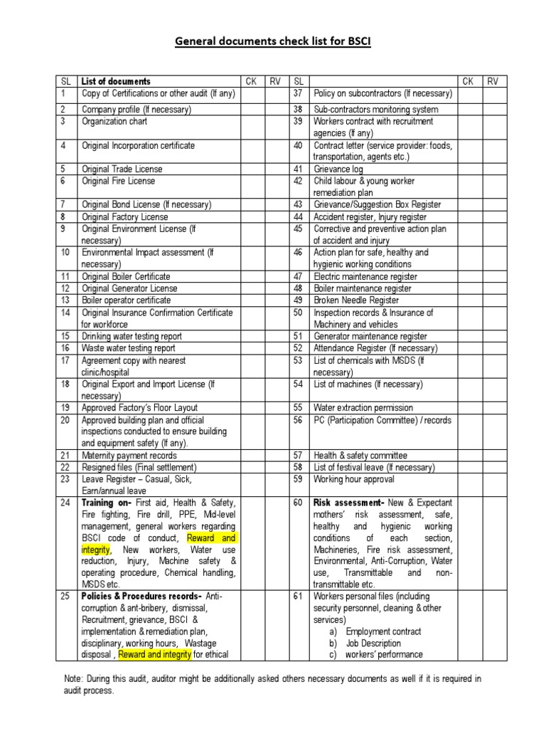 BSCI Check List | PDF | Occupational Safety And Health | Risk Assessment