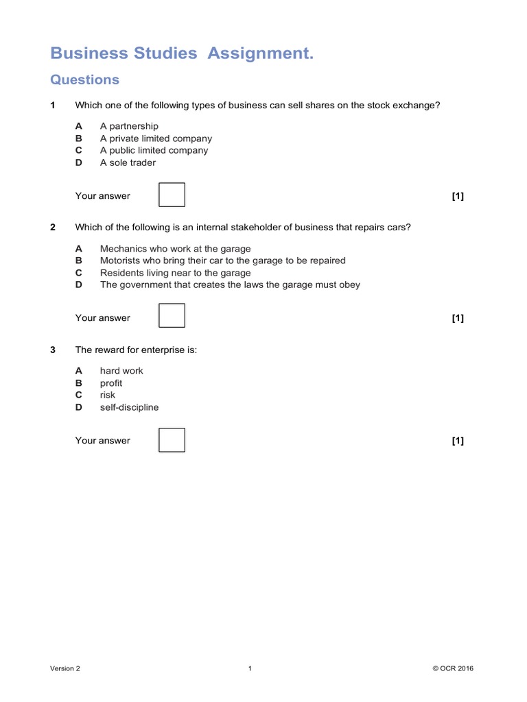 Business Studies Assignment Questions | PDF | Profit (Economics ...