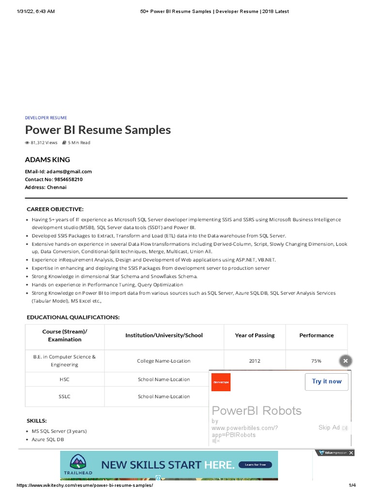 50+ Power BI Resume Samples - Developer Resume - 2018 Latest | PDF ...