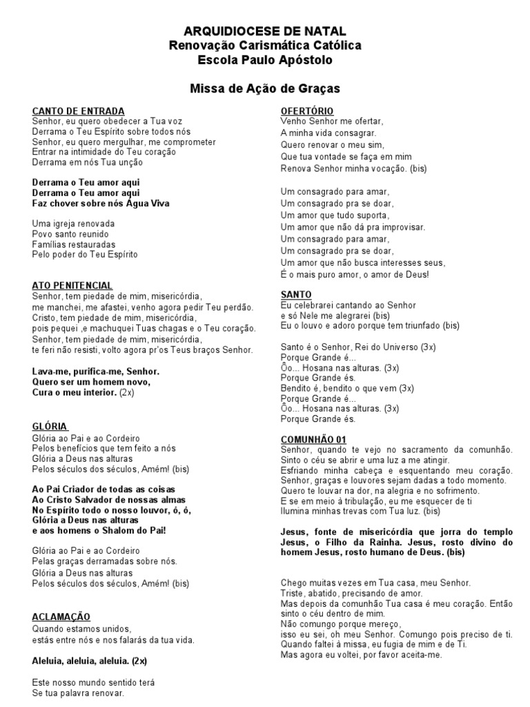 Cantos Para Missa Do Divino Espirito Santo Folha De Canto Missa Da Juventude Amor Deus