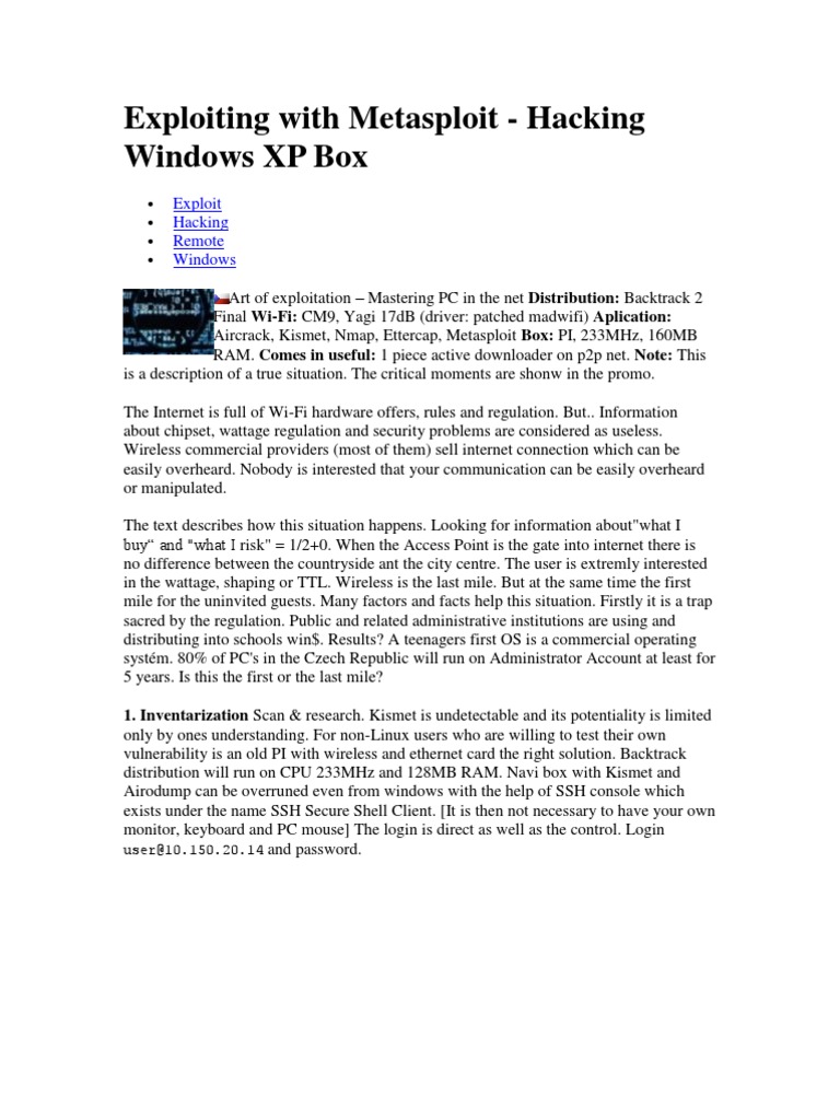 Hacking Windows XP with Metasploit Guide | PDF | Secure Shell ...