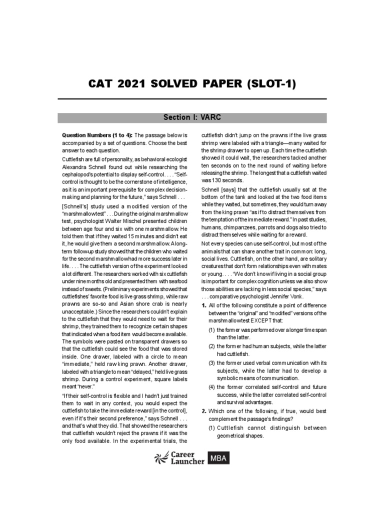 CAT 2021: Cuttlefish Self-Control Study | PDF | Utopia | Self Control