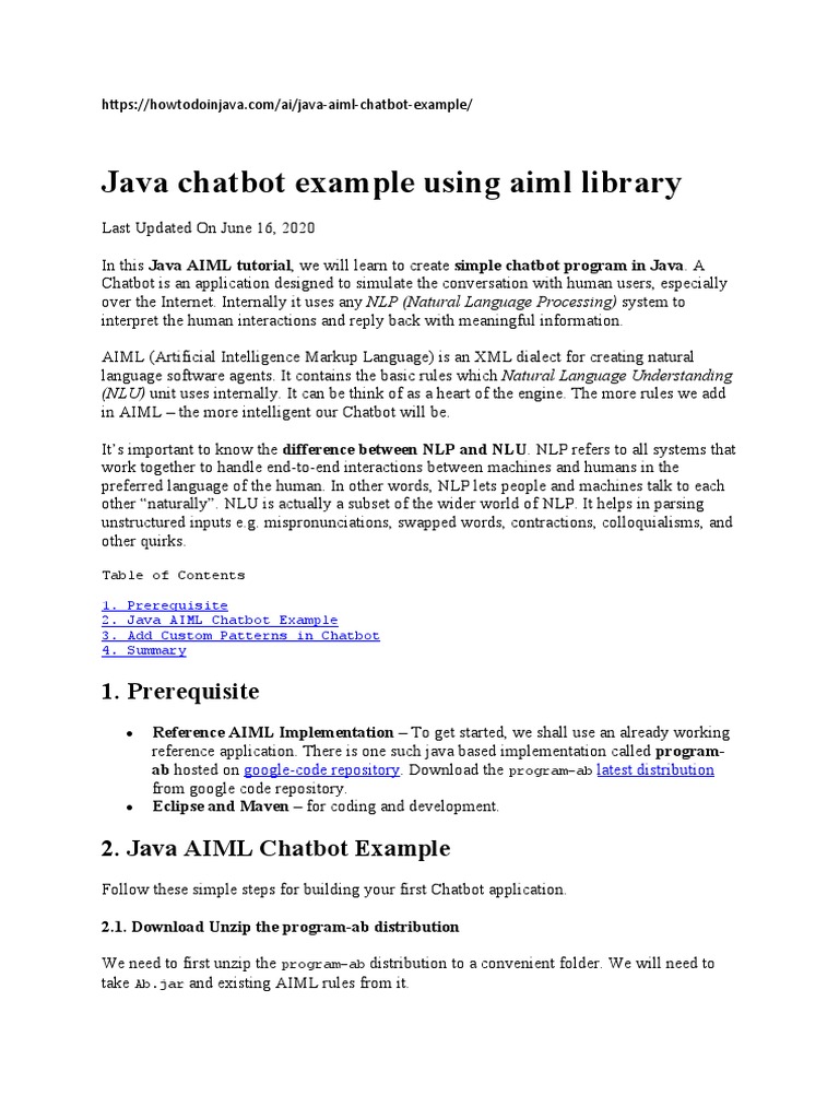 Java Chatbot Example Using Aiml Library: 1. Prerequisite | PDF ...