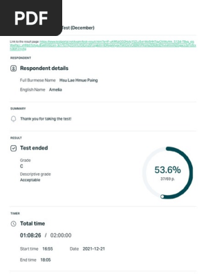 PET 16- Monthly Reading Test (December) - Test Summary