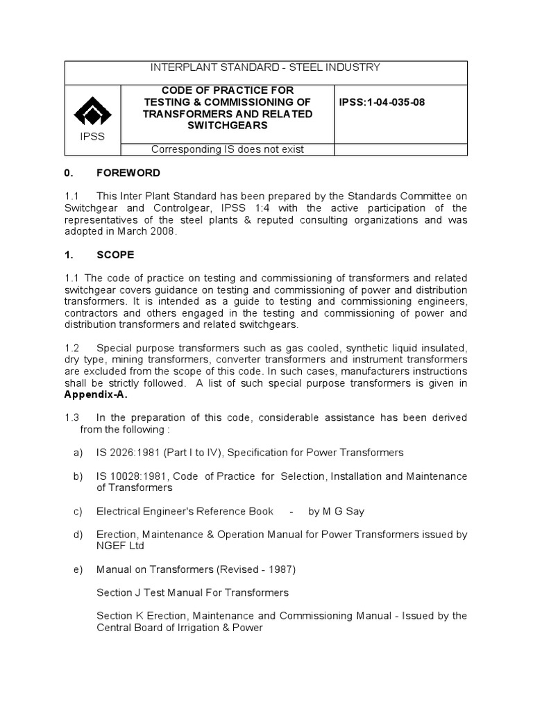 Code of Practice For Testing & Commissioning of Transformers and ...